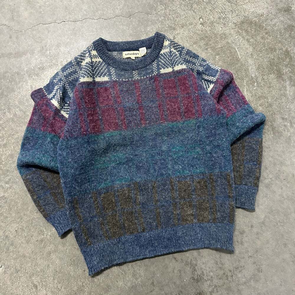Vintage 1986 Saturdays Colorblock Pattern Knit Crewneck Sweater Blue Size S